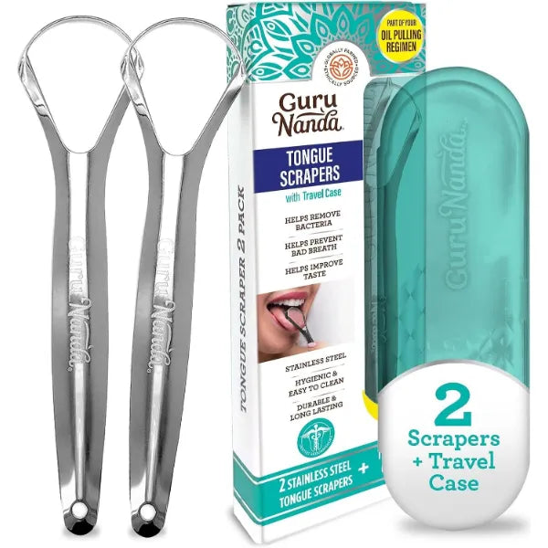 GuruNanda Stainless Steel Tongue Scraper (Pack of 2), Fight Bad Breath, Medical Grade 100% Stainless Steel Tongue Cleaner, Tongue Scraper For Adults and Kids, Great For Oral Care, Travel Friendly