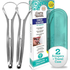 GuruNanda Stainless Steel Tongue Scraper (Pack of 2), Fight Bad Breath, Medical Grade 100% Stainless Steel Tongue Cleaner, Tongue Scraper For Adults and Kids, Great For Oral Care, Travel Friendly