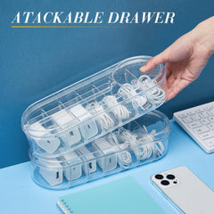 Azonee Cord Organizer Box, Plastic Cable Management Box with Lid, Dividers & Wire Ties, Ideal Electronics Storage for Home Office Desk, Transparent Design for Cables, Earphones, Accessories, 2 Pcs