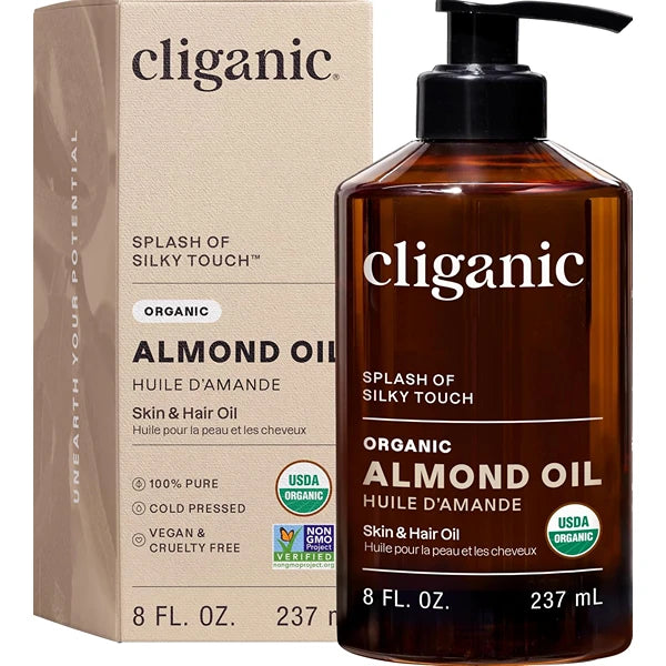 Cliganic Organic Sweet Almond Oil, 100% Pure (8oz) - for Skin & Hair, Nourishing Carrier Oil for Face & Body
