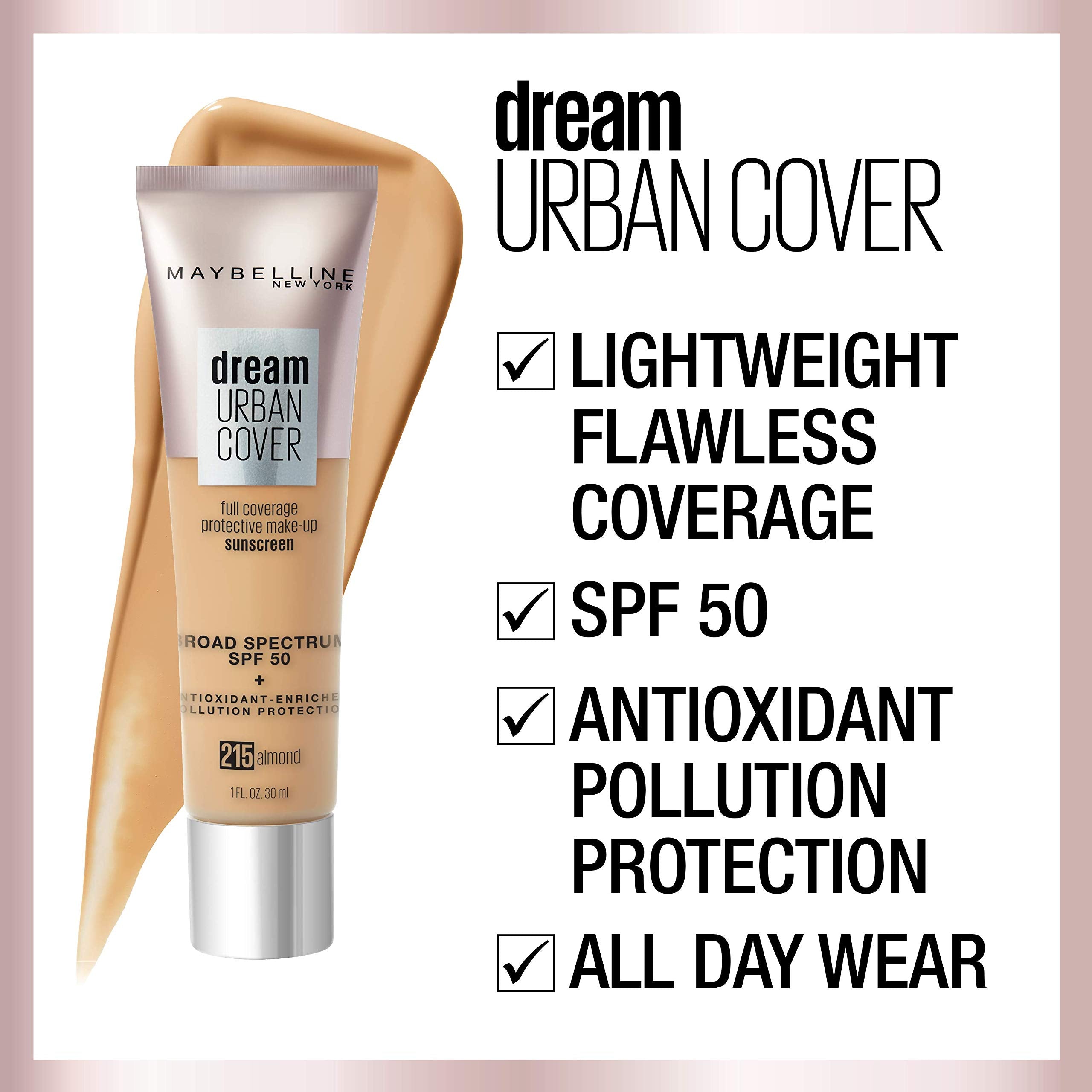 Maybelline Dream Urban Cover Flawless Coverage Foundation Makeup, SPF 50, Cafe Au Lait