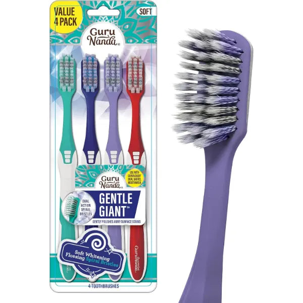 GuruNanda Gentle Giant Toothbrush with Dual Action Flossing Spiral Bristles, Non-Slip Ergo Dexa Grip, Helps in Teeth Whitening, BPA Free Manual Toothbrushes, Assorted Colors, 4 Count