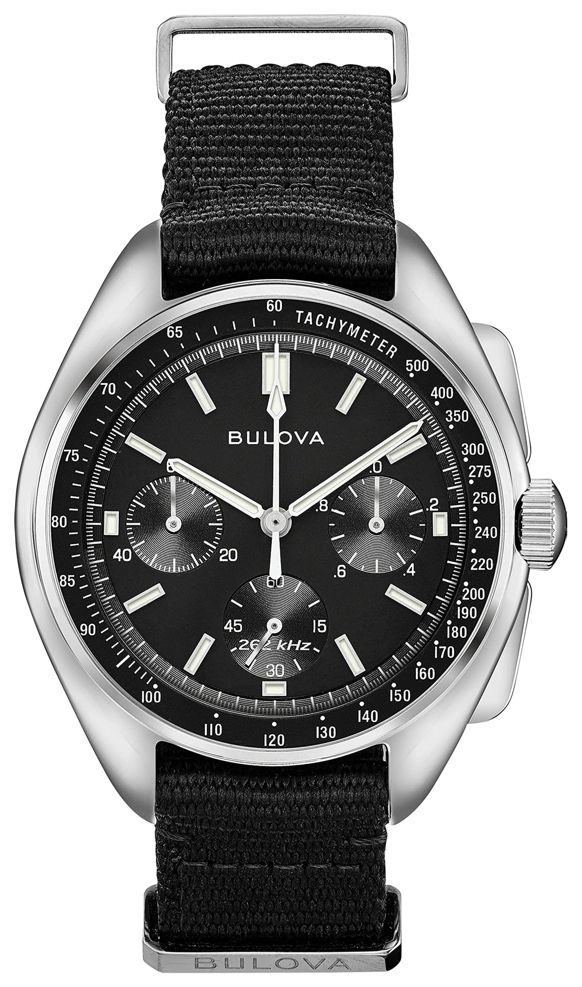 Bulova Men's Archive Series Lunar Pilot 6-Hand Chronograph High Performance Quartz Stainless Steel, Black NATO Strap and Sapphire Crystal Style: 96A225 - Black