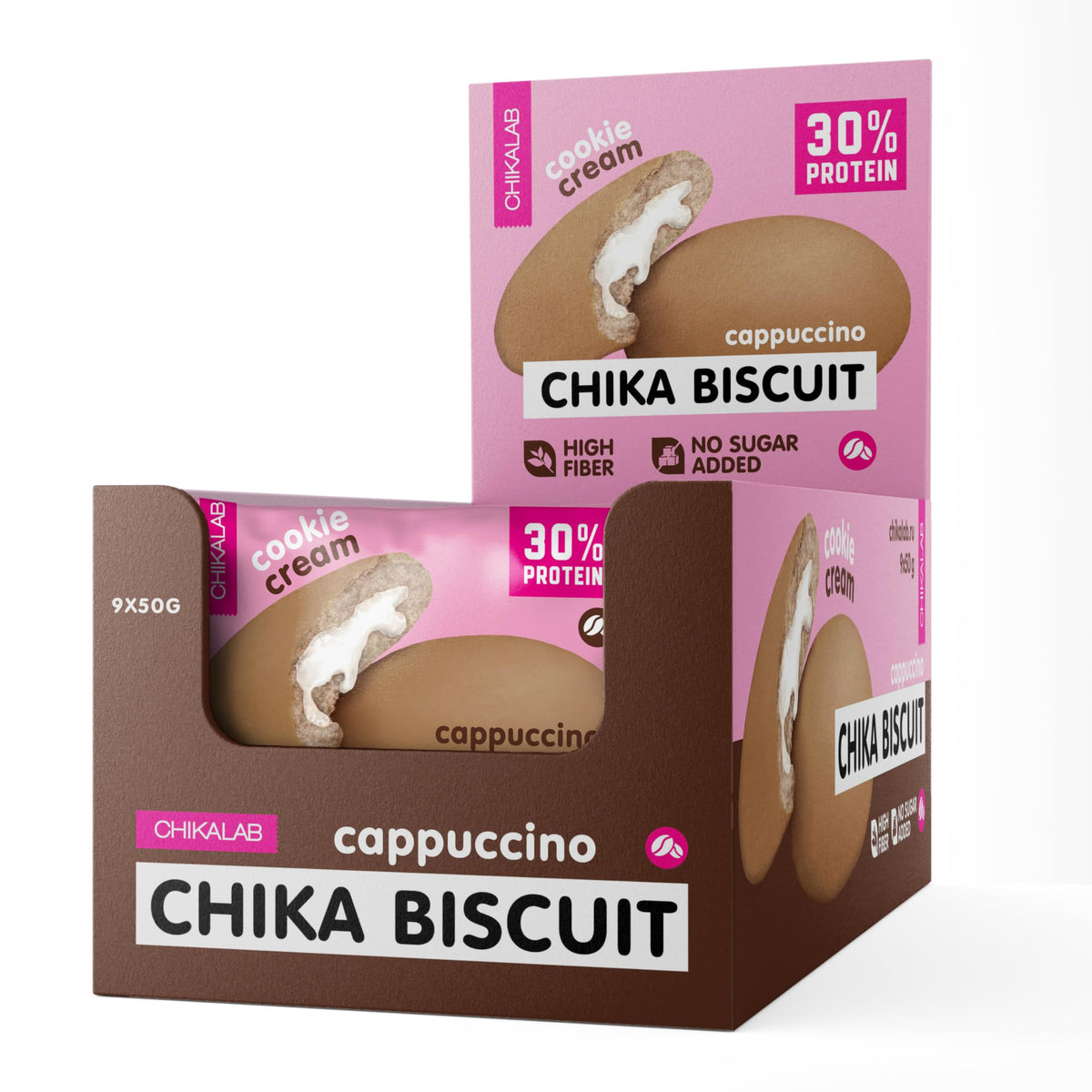 Chikalab Chika Biscuit Protein Cookie Cream Filling Cappuccino Flavor High Fiber and No Sugar Added - 50g (Pack of 9)