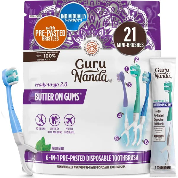 GuruNanda Mini Disposable Toothbrushes with Toothpaste, Tongue Scraper, Floss & Toothpick - 6-in-1 Ready-to-Go Prepasted Travel Toothbrush - Fluoride Free, No Rinsing, Individually Wrapped, 21 Ct