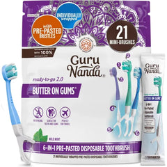 GuruNanda Mini Disposable Toothbrushes with Toothpaste, Tongue Scraper, Floss & Toothpick - 6-in-1 Ready-to-Go Prepasted Travel Toothbrush - Fluoride Free, No Rinsing, Individually Wrapped, 21 Ct