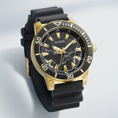 GUESS US Men's Gold-Tone and Black Silicone Analog Watch, one