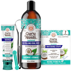 GuruNanda Whitening & Fresh Breath Bundle – 7-Day Whitening Strips, Hydroxyapatite Toothpaste & CocoMint Oil Pulling 16oz for a Brighter Smile & Happier Gums