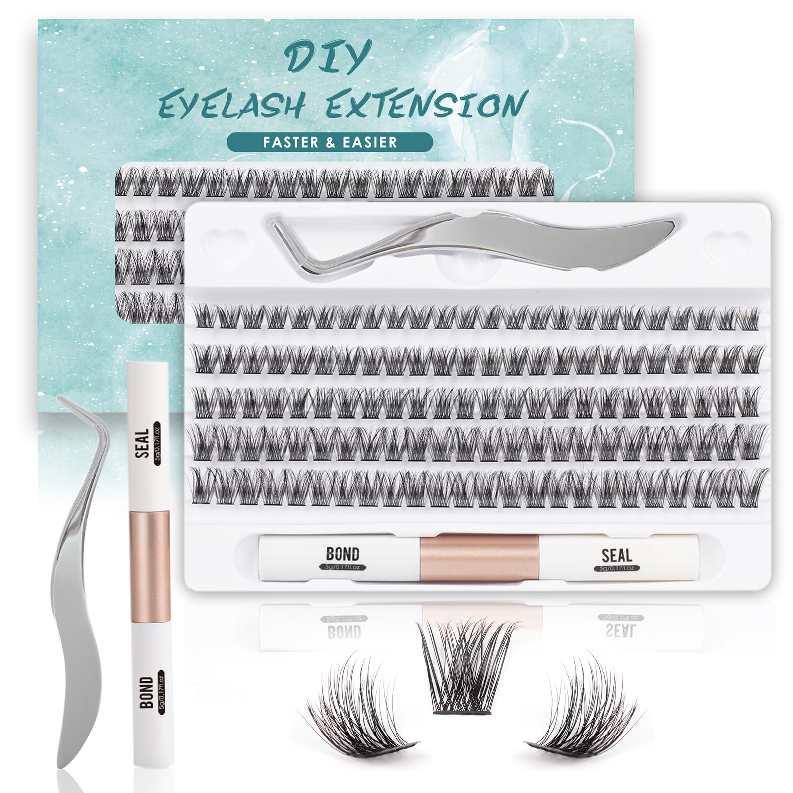 KASTWAVE Lash Extension Kit, Individual Lashes with Bond and Seal-120 Lash Clusters DIY False Eyelashes Natural Cluster Lashes with Eyelash Glue and Lash Tweezers C D Curl 10/12/14/15/16mm