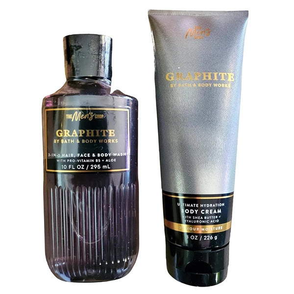 Bath & Body Works Men's Graphite Ultimate Hydration Body Cream and 3-in-1 Face, Hair, Body Gel Wash 2 Piece Set