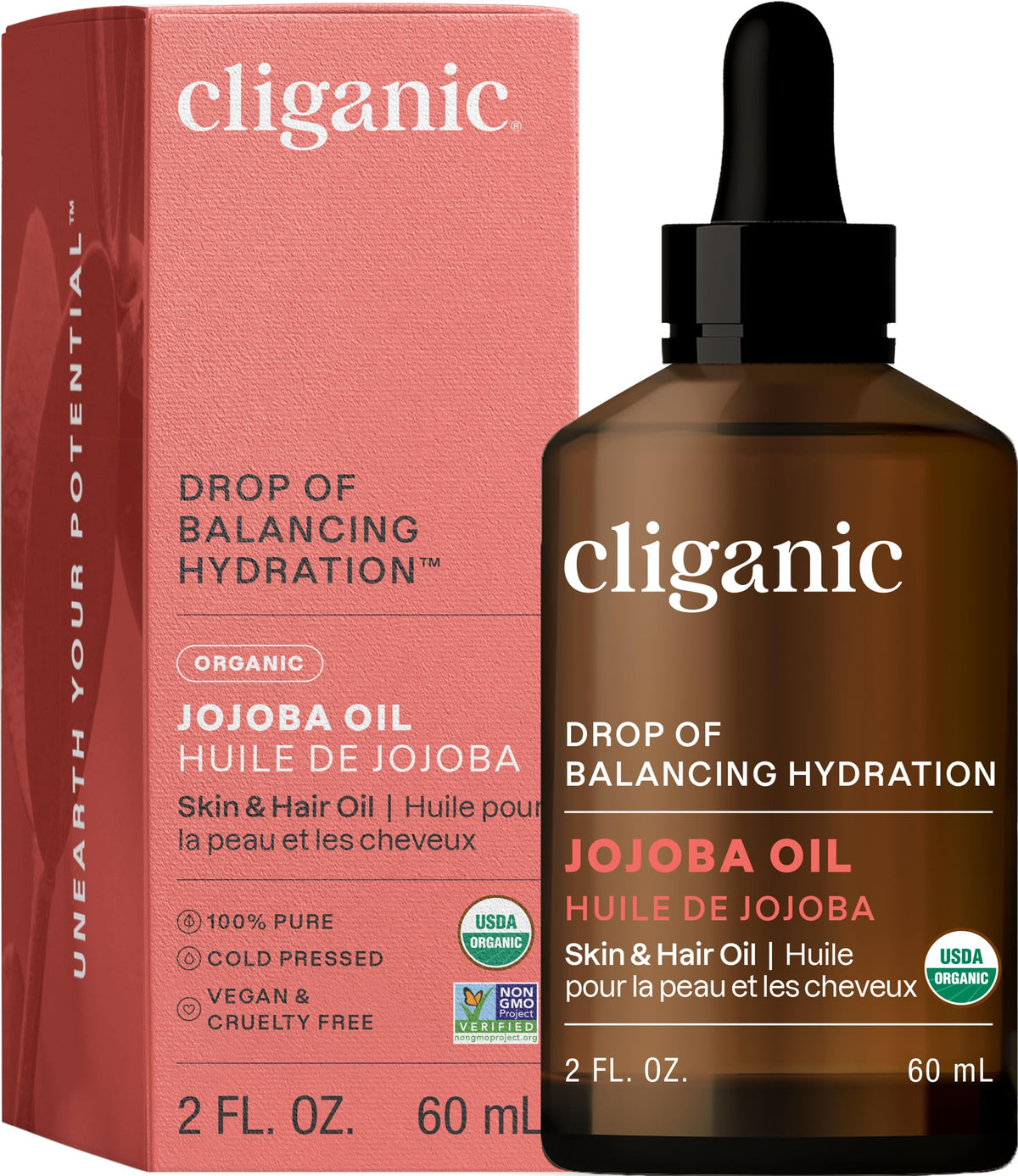 Cliganic Certified Organic Jojoba Oil 60ml | 100% Pure Natural Cold Pressed Unrefined, Hexane Free Carrier Oil | for Hair Face & Nails