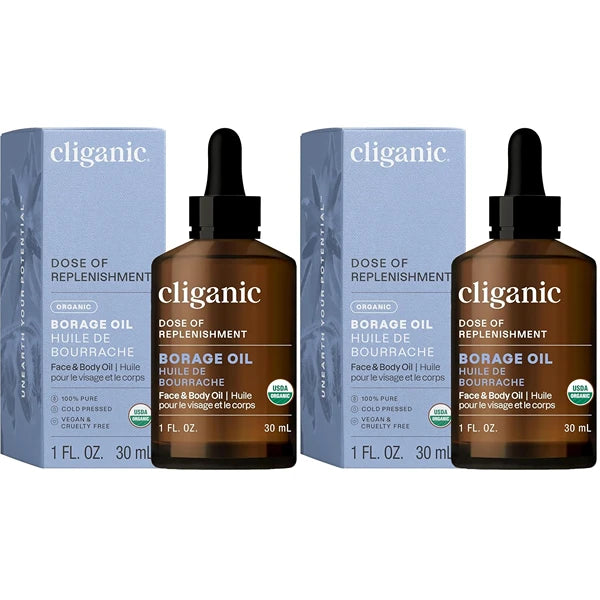 Cliganic Organic Borage Seed Oil for Face, 100% Pure (1oz) - Natural Non-GMO Cold Pressed (Packaging May Vary) (Pack of 2)