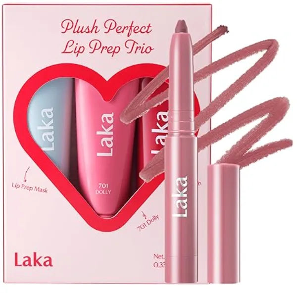 Laka Plush Perfect Lip Prep Trio Soothing Prep Lip Mask & Fruity Lip Glotioner 2pc & Stain Lip Liner #02 Suede Pink