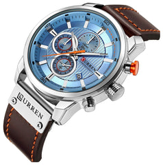 Herren-Armbanduhr mit Lederarmband, klassisch, lssig, Edelstahl, wasserdicht, Chronograph, Datum, analog, Quarzuhr - blue