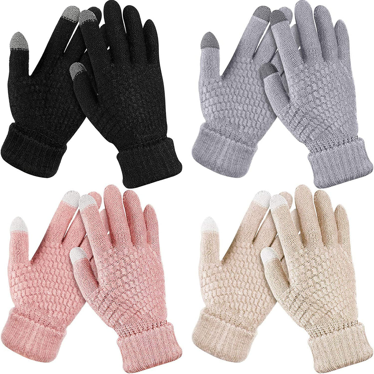 4 Pairs Women's Winter Touch Screen Gloves Warm Fleece Lined Knit Gloves Elastic Cuff Winter Texting Gloves