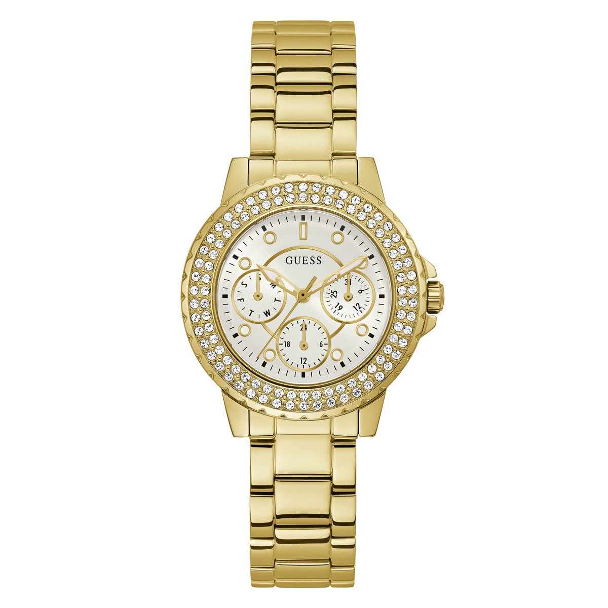 GUESS Ladies Sport Crystal Multifunction 36mm Watch – White Dial Rose Gold-Tone Stainless Steel Case with Blue Silicone Strap