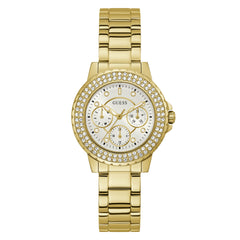 GUESS Ladies Sport Crystal Multifunction 36mm Watch – White Dial Rose Gold-Tone Stainless Steel Case with Blue Silicone Strap