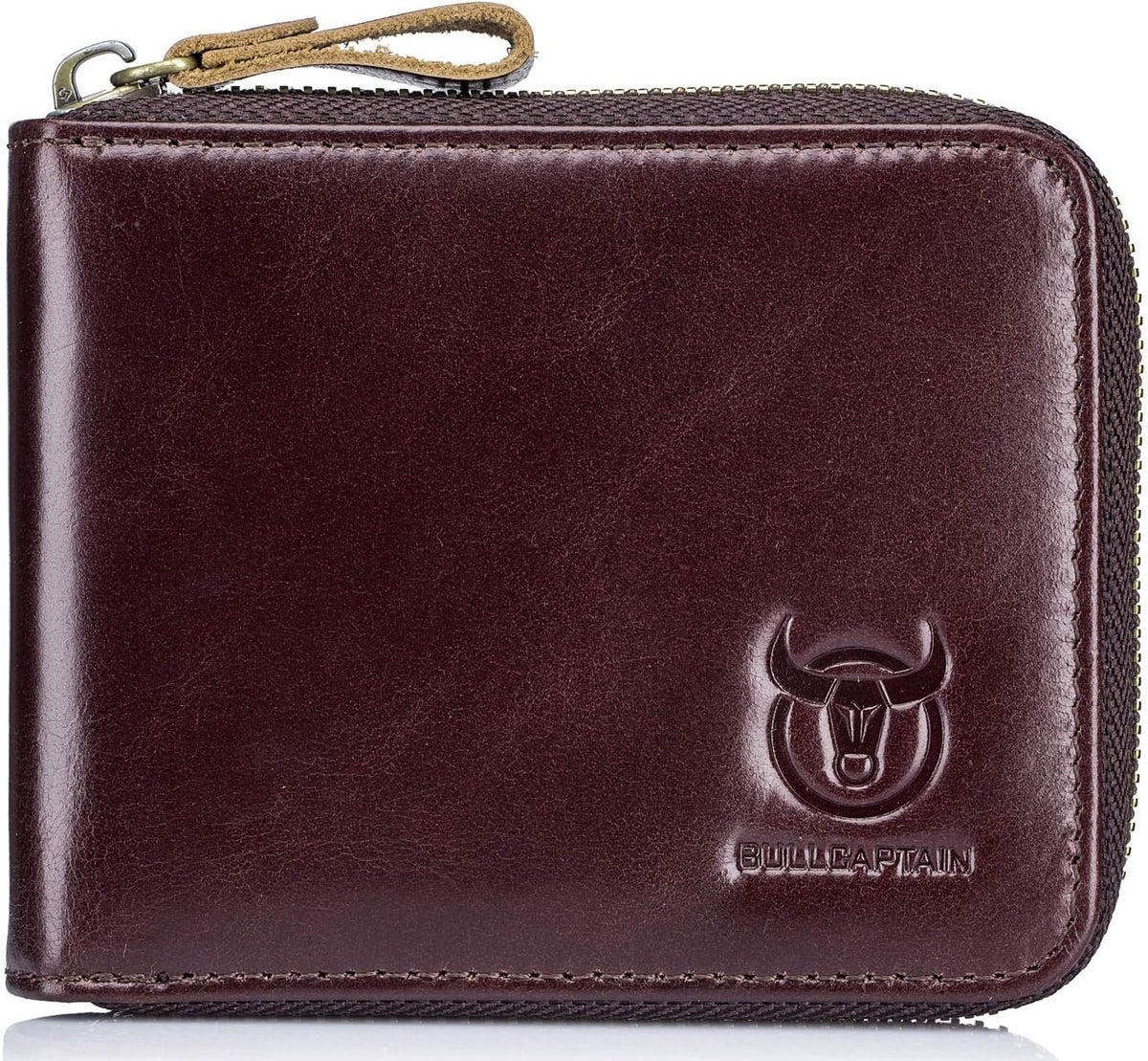 BULLCAPTAIN Mens Genuine Leather Zipper Wallet RFID Blocking Bifold Secure Zip Around Wallets Multi Credit Card Holder Purse (Brown-2)