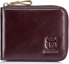 BULLCAPTAIN Mens Genuine Leather Zipper Wallet RFID Blocking Bifold Secure Zip Around Wallets Multi Credit Card Holder Purse (Brown-2)
