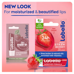 Labello Strawberry Shine Lip Balm, 24H Melt-In Moisture, with Shea Butter and Natural Oils Enriched with Vitamins, with Natural Ingredients, Mineral Oil Free, Vegan, 4.8g, Pack of 2
