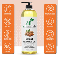 Aitnaturals Organic Sweet Almond Oil - 473ml | 100% Pure, Cold-Pressed | Ideal for Hair Growth, Nails, Glowing Skin and Face | Vitamin E Carrier Oil for Moisturizing, Facial Polish and Body Massages