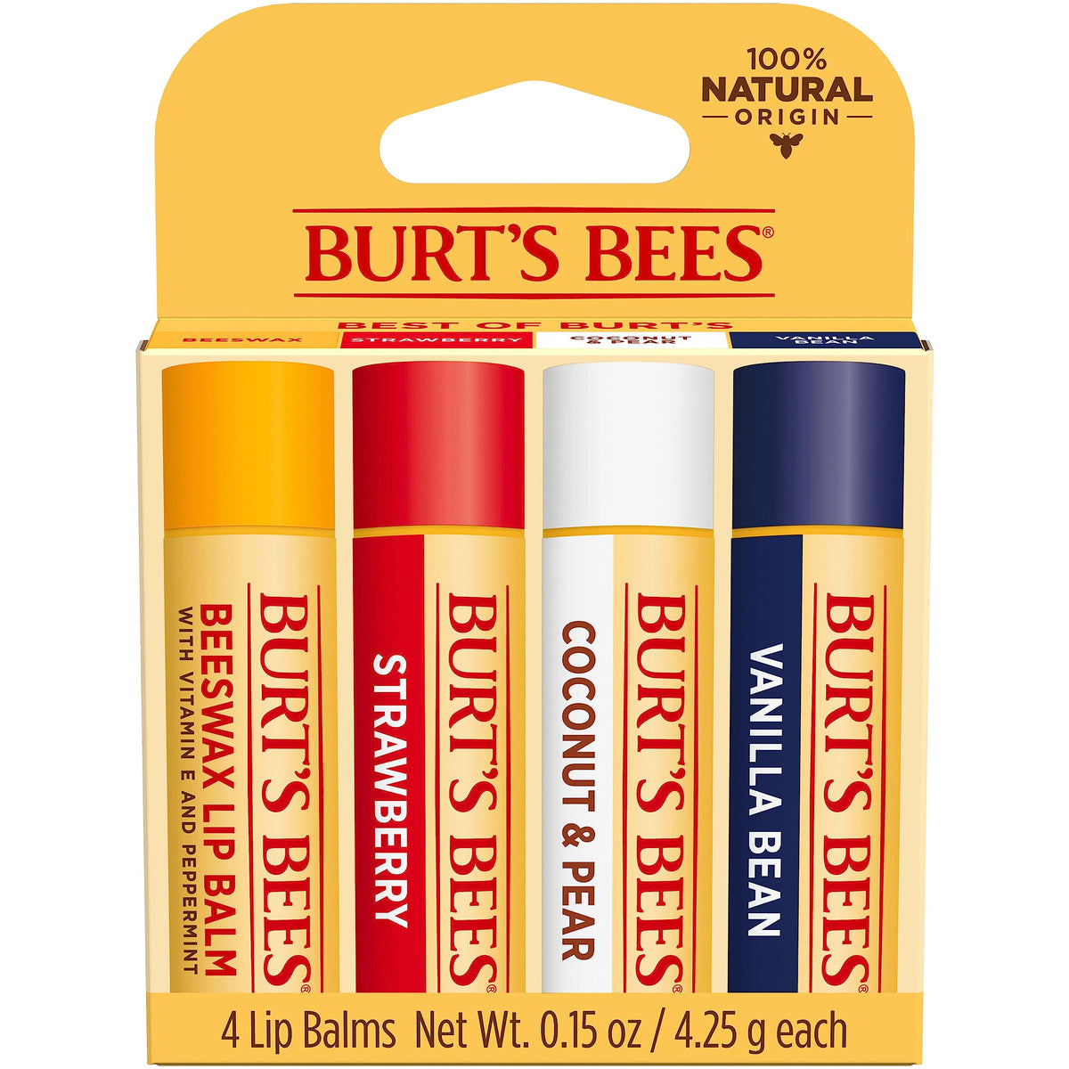 Burt's Bees 100% Natural Origin Moisturizing Lip Balm, Multipack, Original Beeswax, Strawberry, Coconut & Pear and Vanilla Bean with Beeswax & Fruit Extracts, 4 Tubes, Cranberry, Pack of 1