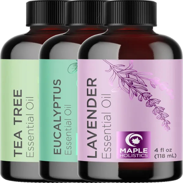Maple Holistics Premium Essential Oils for Hair Skin & Nails - Pure Tea Tree Lavender and Eucalyptus Oils for Hair and Skin Care - Topical and Aromatherapy Set with Eucalyptus Lavender Tea Tree - 4 Fl Oz Each (Pack of 3)