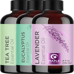 Maple Holistics Premium Essential Oils for Hair Skin & Nails - Pure Tea Tree Lavender and Eucalyptus Oils for Hair and Skin Care - Topical and Aromatherapy Set with Eucalyptus Lavender Tea Tree - 4 Fl Oz Each (Pack of 3)