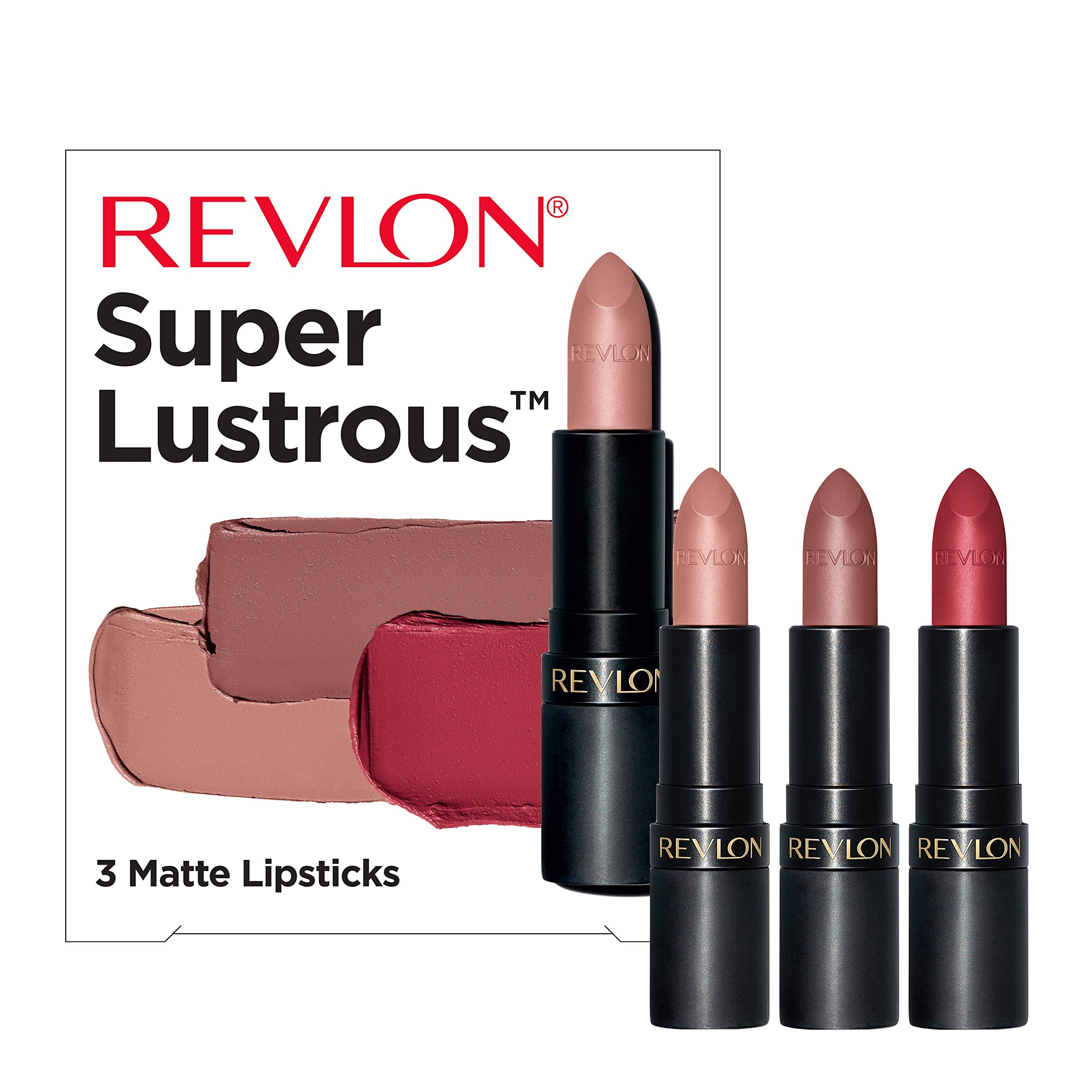 Revlon Lipstick Set, Super Lustrous 3 Piece Gift Set, High Impact, Matte Finish in Nude Plum & Red, Pack of 3