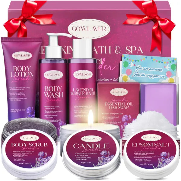GOWLAVER Premium Lavender Spa & Self-Care Gift Set For Women's – Body Wash, Scrub, Lotion & Bubble Bath