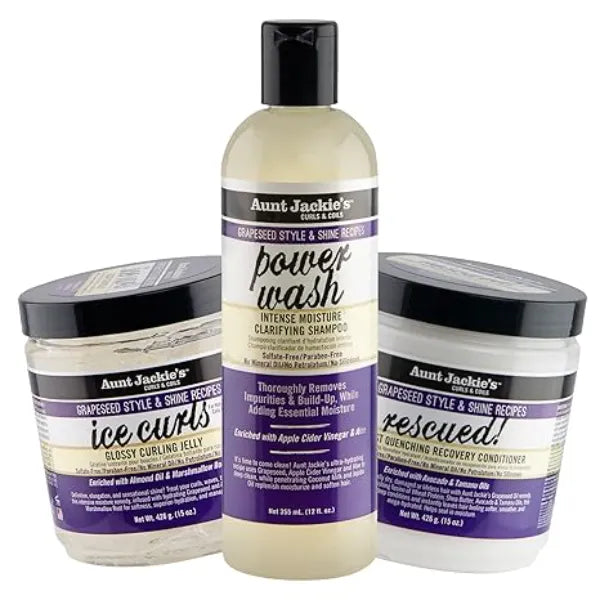 Aunt Jackie's Grapeseed Collection Perfect Intense Define, Power Wash, Rescued and Ice Curls, Combo Hydrates & Softens With Almond oil, Marshmallow Root, Purple, Pack of 3