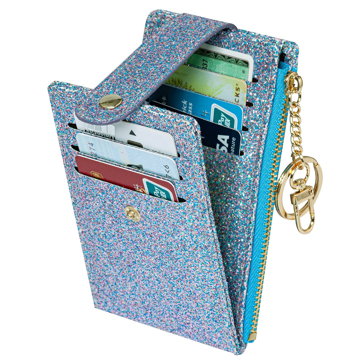 Small Card Wallet for Women Slim Rfid Front Pocket Card Cases Holder Zipper Coin Purse (Bling-Blue)