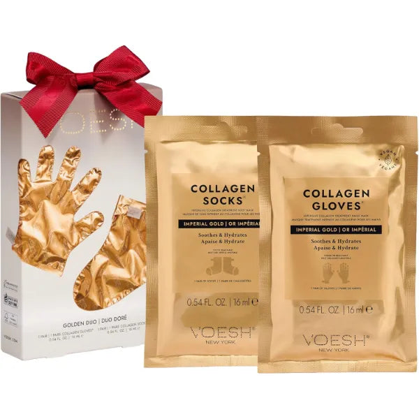 VOESH Golden Renewal Duo Gift Set - Includes 1 Pair of Collagen Gloves and Socks to Hydrate, Soften & Repair Dry, Cracked Hands & Feet - K-Beauty Korean Skincare
