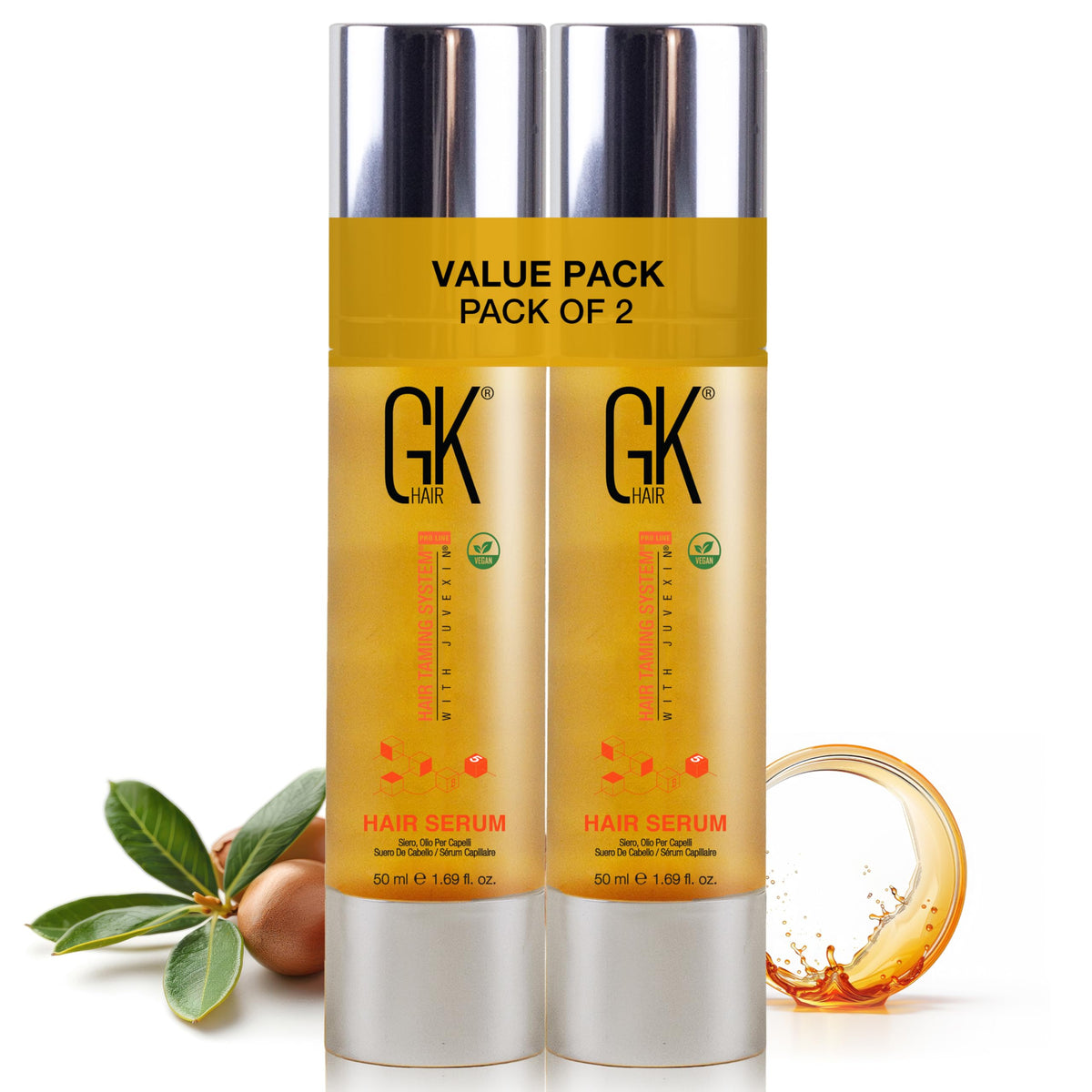 GK HAIR Global Keratin 100% Organic Argan Oil Anti Frizz Hair Serum Pack of 2 (1.69 Fl Oz/50ml) Styling Smoothing Strengthening Hydrating & Nourishing Heat Protection Shine For Frizzy Dry Damaged Hair