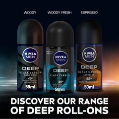 NIVEA MEN Antiperspirant Roll-on for Men, DEEP Black Carbon Antibacterial, Dark Wood Scent, 2x50ml