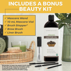 Viva Naturals Certified Organic Castor Oil (16 oz) ? 100% Pure and Hexane Free + BONUS Mascara Kit Included, Perfect for Hair Care, Eyelashes and Brows