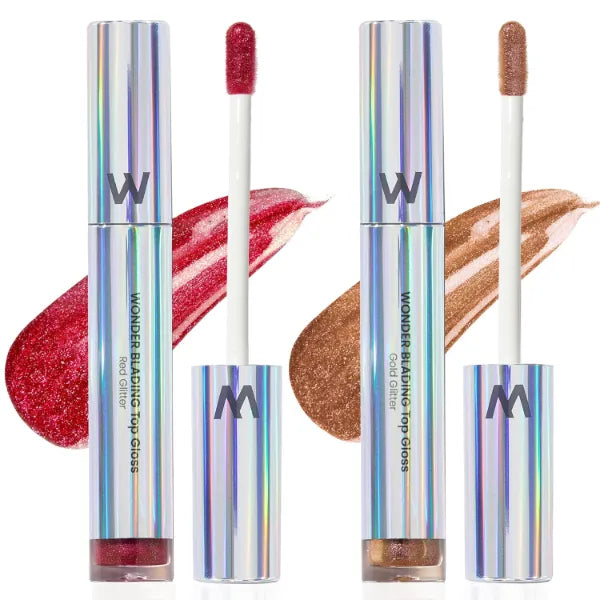 Wonderskin WONDER BLADING Top Gloss - Glitter Lip Gloss, Hydrating and High Shine Finish Lip Makeup (Red Glitter + Gold Glitter)