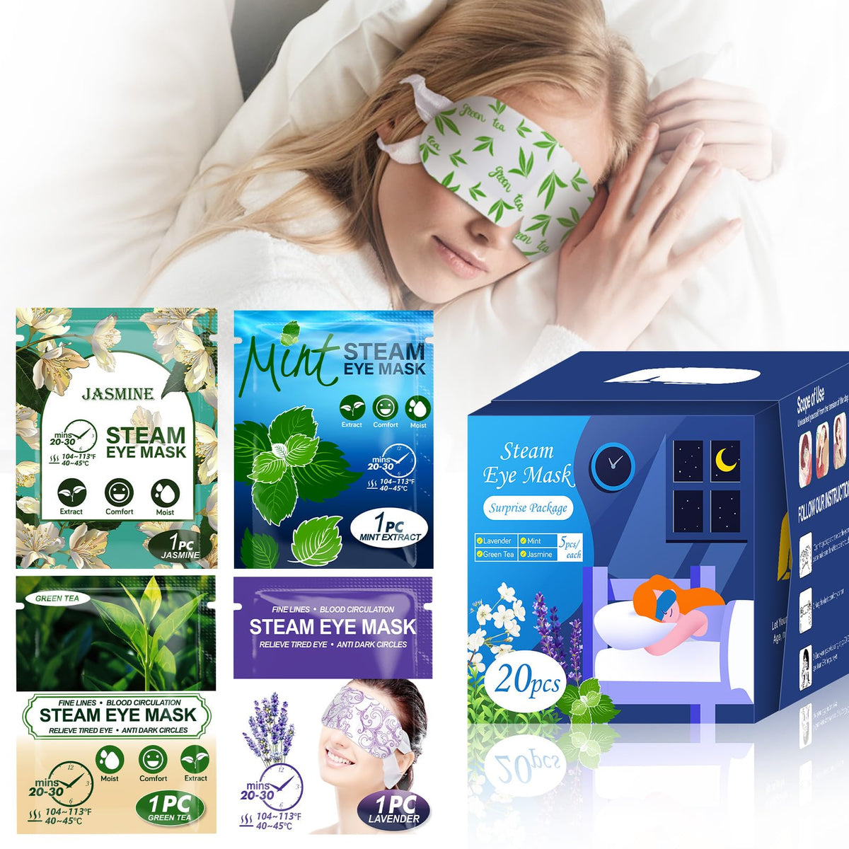 BeMyLady Self Heating Eye Mask for Dark Circles and Puffiness Soothing Headache Relief, Steam Eye Masks for Sleeping,Puffy Eyes,Travel Essentials,Bedroom Accessories (Mixed Pack-20pcs)