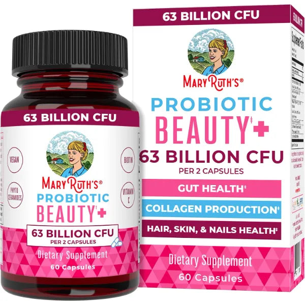 MARYRUTH'S Probiotic Beauty Capsules, Gut Health, Vegan Collagen Support | Red Orange Complex & Ceramosides, Vegan Collagen Support, Anti Aging, Gut Health, Hair Skin and Nails Vitamins
