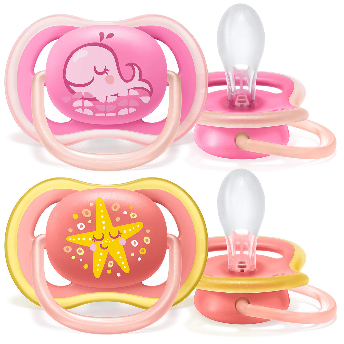 Philips AVENT Ultra Air Pacifier, 6-18 Months, Whale/Starfish, 4 Pack, SCF085/10