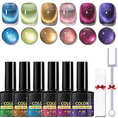 Azonee 6 Colors Cat Eye Gel Polish with Magnetic Stick, Cateye Crystal Gel Nail Polish Set for Women, Pastel Rainbow Summer Glitter Magnet Nail Nail Polish (Pink, Green, Gold, Blue, Purple, Hot Pink)