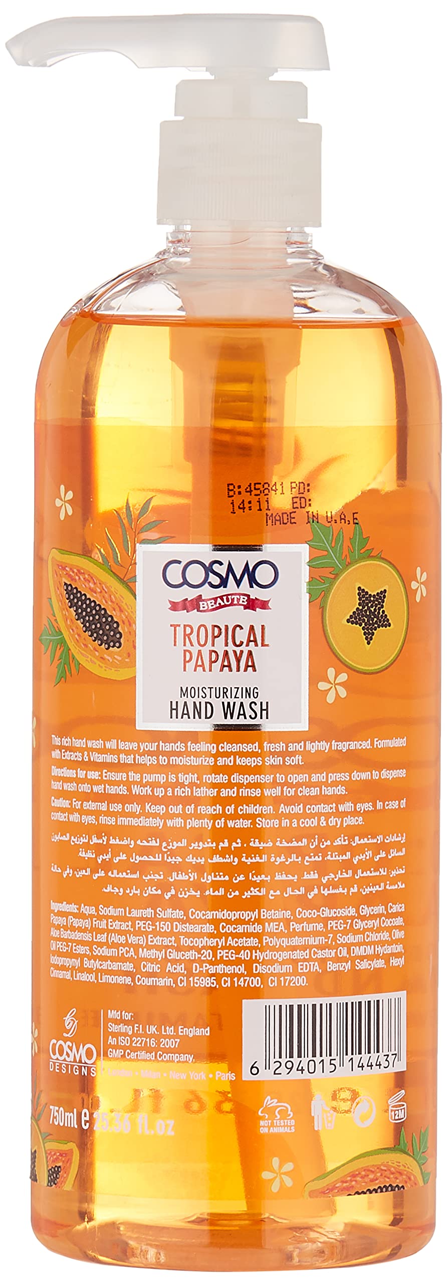 CD COSMO DESIGNS Cosmo Beauty Hand Wash Tropical Papaya, 750Ml