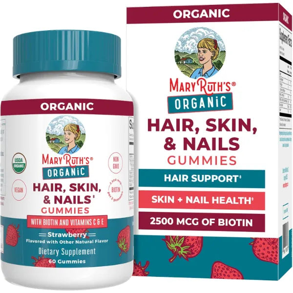 MARYRUTH'S Organic Hair Skin and Nail Vitamins, Ages 14+, Skin Care, 60ct | USDA Organic, 2500 mcg Biotin Gummies, Vitamin C & Vitamin E, Hair Growth, Skin Care, Nail Growth
