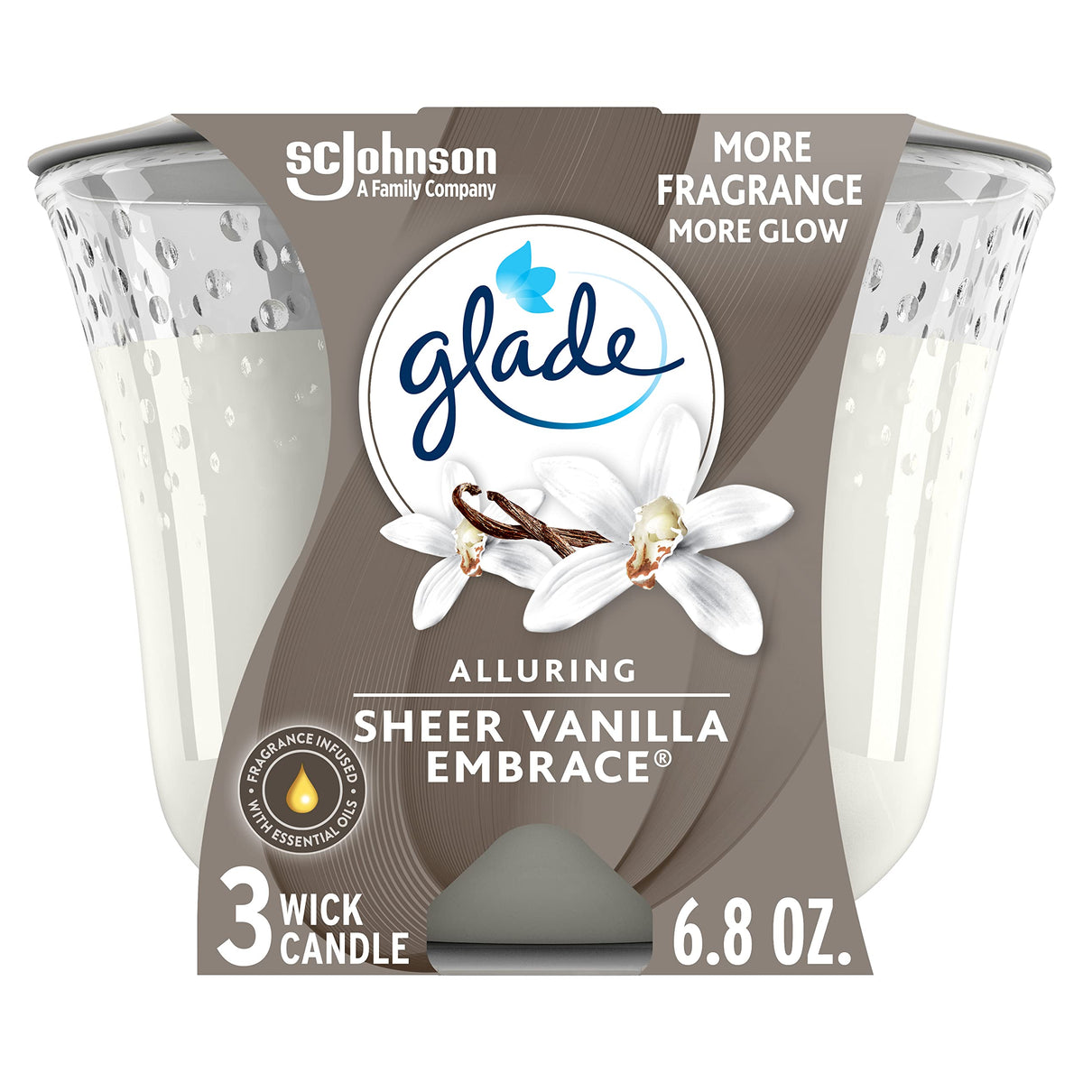 Glade 3 Wick Candle, Long-Lasting Essential Oil Infused, Alluring Sheer Vanilla Embrace Scent, 6.8 oz