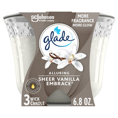 Glade 3 Wick Candle, Long-Lasting Essential Oil Infused, Alluring Sheer Vanilla Embrace Scent, 6.8 oz