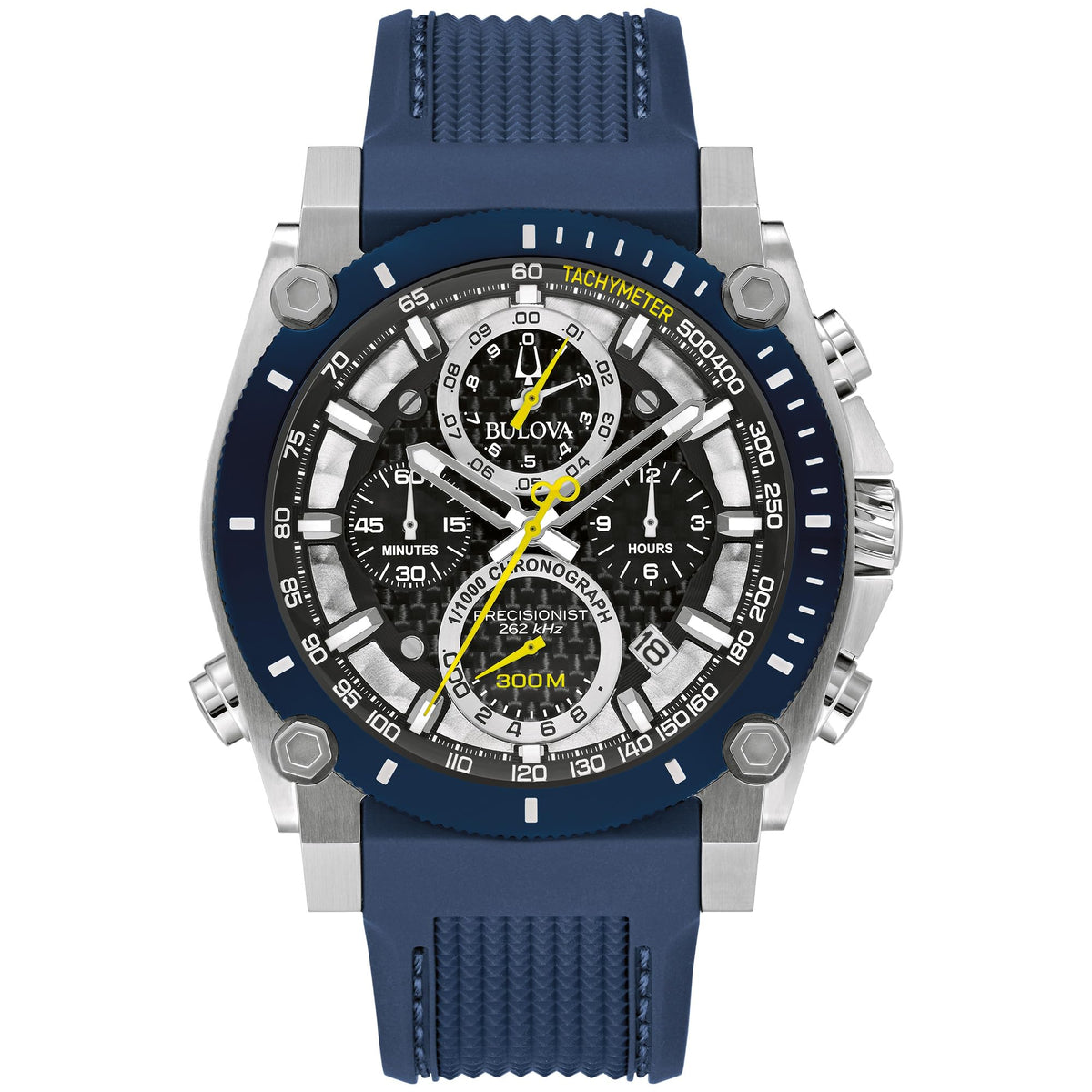Bulova Men's Icon High Precision Quartz Chronograph Watch, Curved Mineral Crystal, 300m Water Resistant, Continuous Sweeping Secondhand, Luminous Markers - Blue