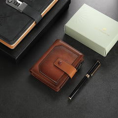 KASTWAVE Genuine Leather Wallets for Men, Bifold RFID Blocking Wallet, Small Compact Card Case Purse with Zipper, Ladies Card Holder Wallet with id Window (Brown)