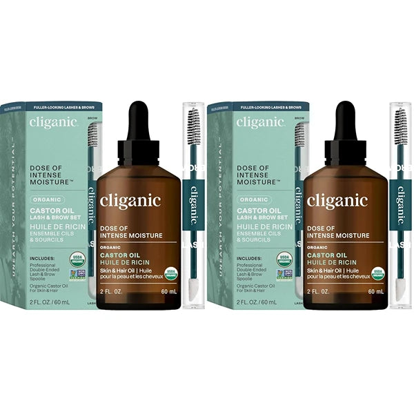 Cliganic Organic Castor Oil, 100% Pure (2oz Glass Bottle with Eyelash Kit) - For Eyelashes, Eyebrows, Hair & Skin (Pack of 2)