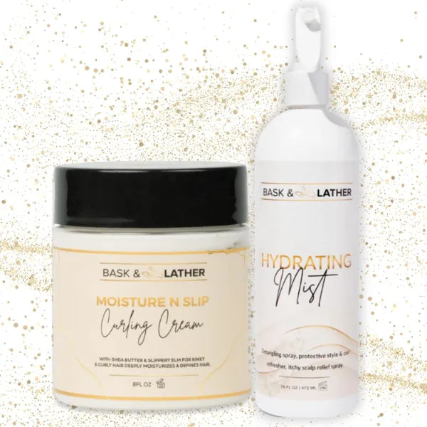 BASK & LATHER Hydrating Mist (16 oz) + Moisture N Slip Curling Cream | Extra Moisture & Curl Definition | Vegan Natural Hair Duo for Frizz-Free, Bouncy, Hydrated Curls