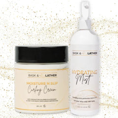 BASK & LATHER Hydrating Mist (16 oz) + Moisture N Slip Curling Cream | Extra Moisture & Curl Definition | Vegan Natural Hair Duo for Frizz-Free, Bouncy, Hydrated Curls